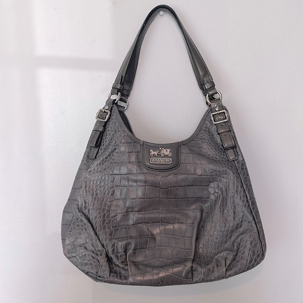 Beautiful Coach Hobo Bag Gray Alligator Print with gorgeous teal interior liner